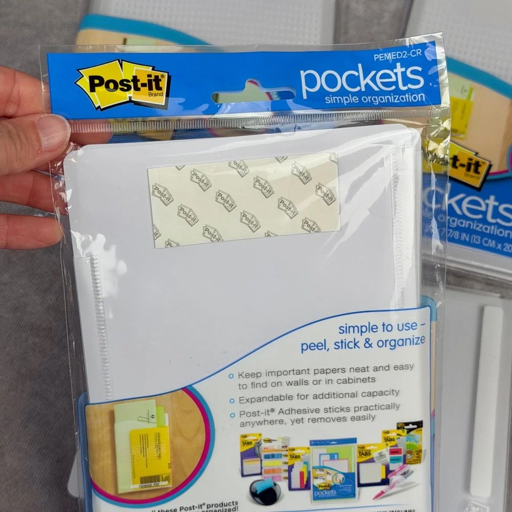 Post-it Pockets Medium Expandable Adhesive Organizer Clear White 7 Pieces NEW